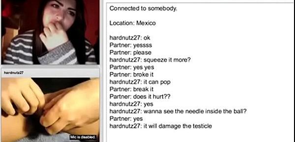  testicle squeezing and needle pushed inside ball on webcam